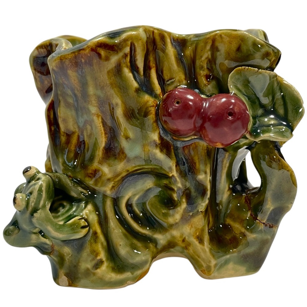 Vintage 1980s Majolica Chinese Mini Planter Tree Trunk Applied Frog and Berries